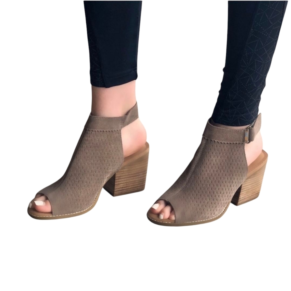 Toms Women Sz 8 Grenada Suede Peep Toe Perforated Ankle Strap Block Heel Sandals